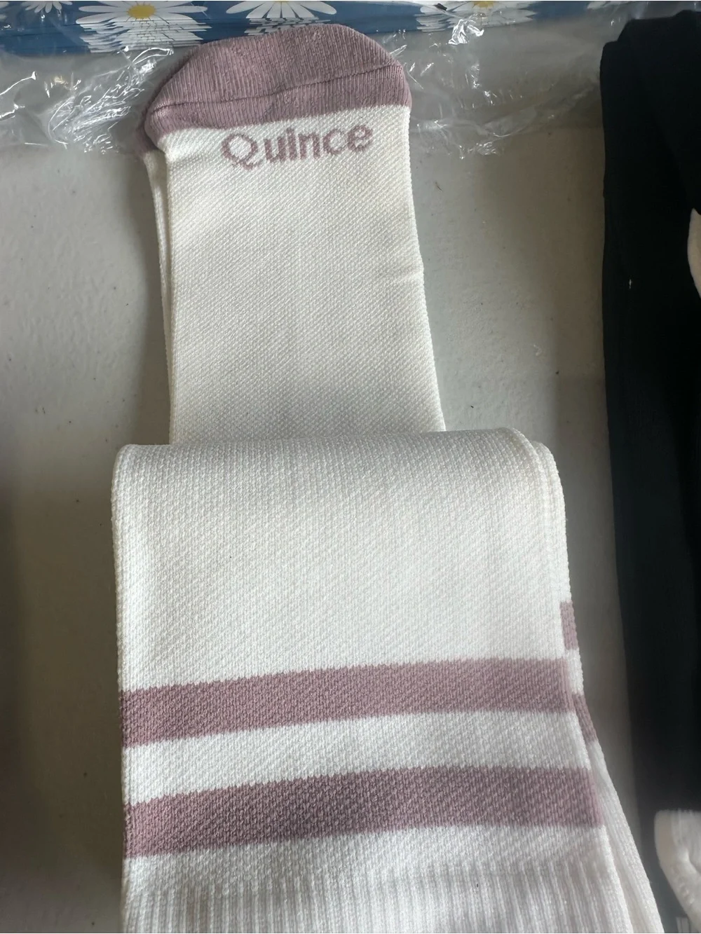 Quince White Crew Socks with Mauve Accent Stripes